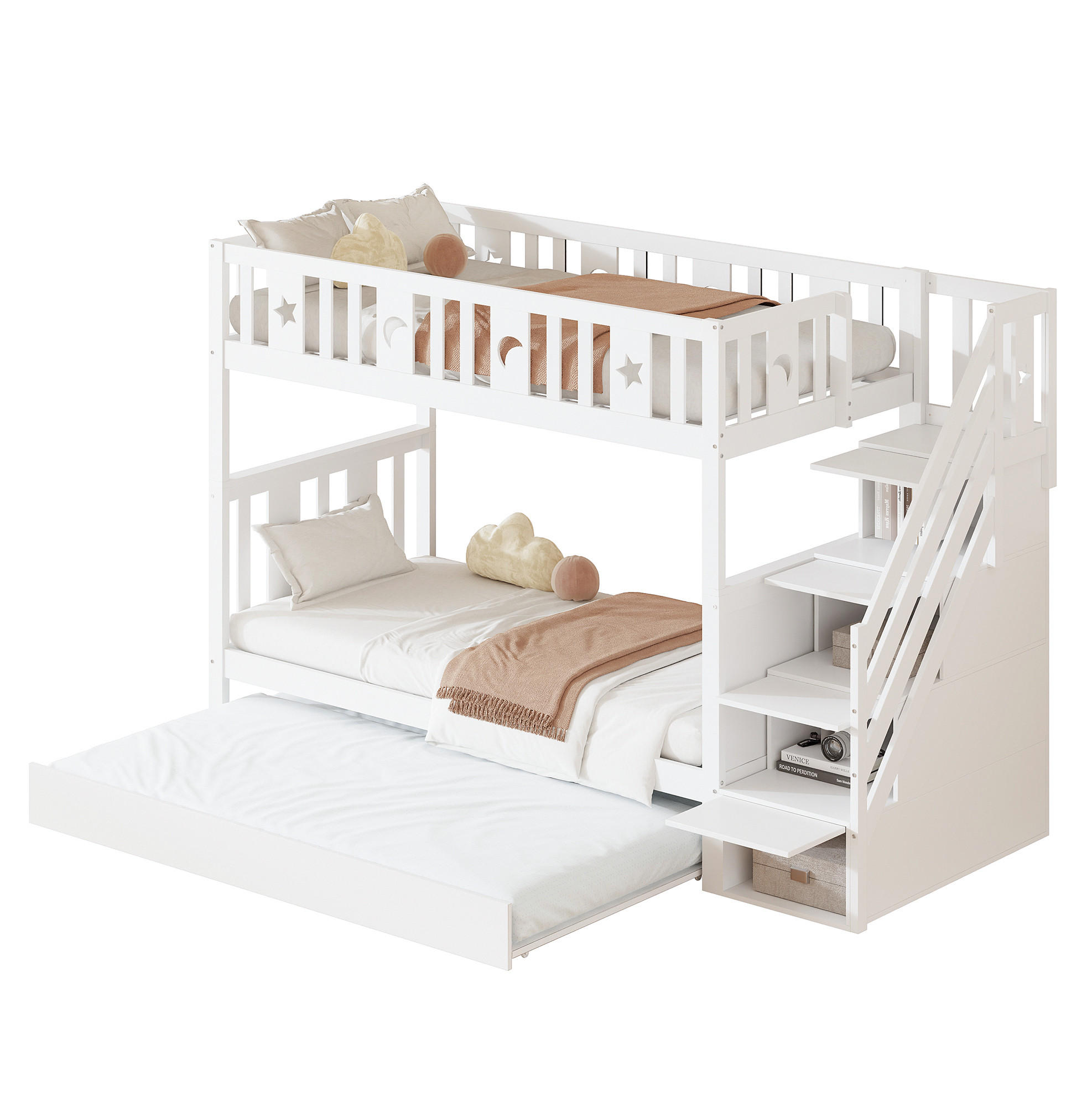 ETAGENBETT 90/200 cm Weiß mit Ausziehbett und Stauraumtreppe - Weiß, Holzwerkstoff (90/200cm) - Flora Grace