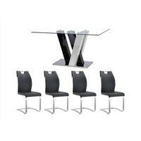 ESSTISCH + 4 Stühle im Set - Schwarz & Weiß - WINCH - Schwarz, Glas (150/76/90cm) - Vente-Unique