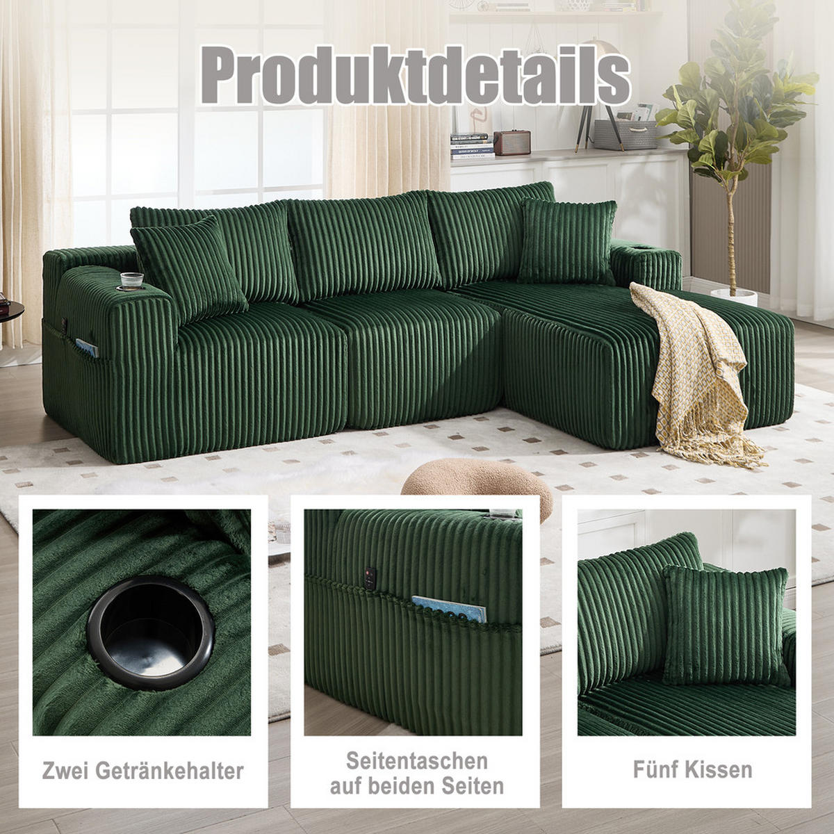 ECKSOFA Cordstoff 257 x 160 cm mit Getränkehalter - Smaragdgrün, Textil (160/257cm) - Raelunyi