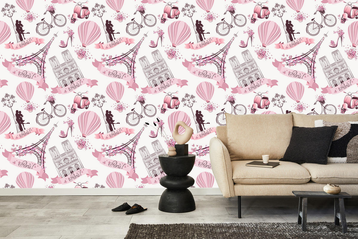 VLIESTAPETE Paris und Eiffelturm – Rosa, Grau, Weiß – 50x1000 cm - Rosa/Weiß, Papier (50/1000cm) - Muralo