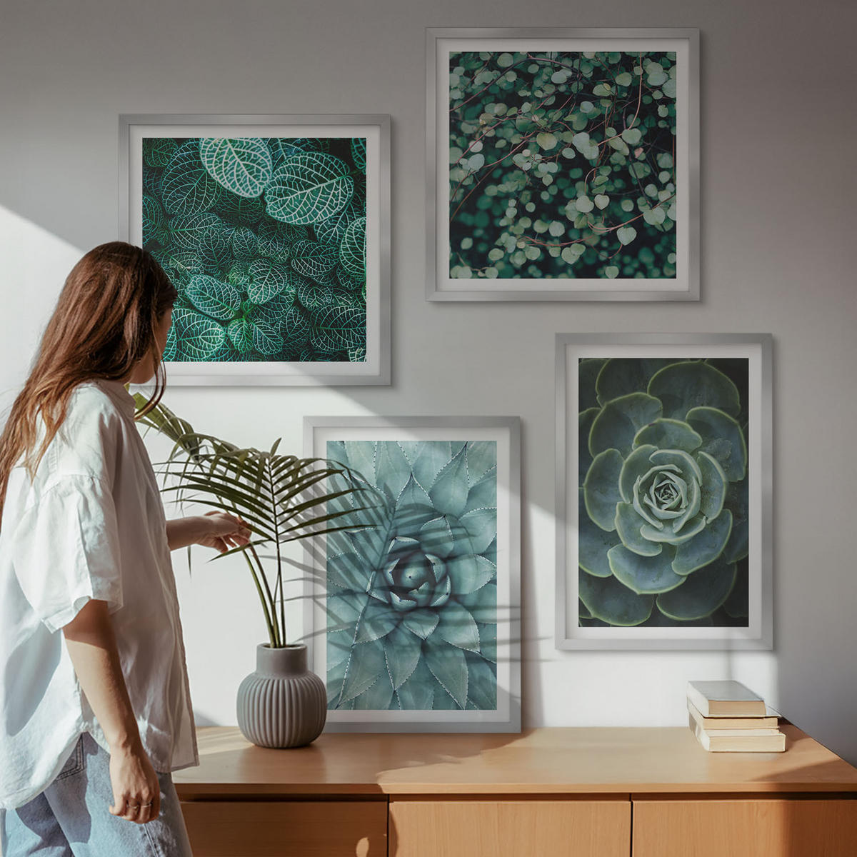 BILDER SET 4er Set - 50x50 cm & 40x60 cm Silberner Rahmen - Sukkulenten in Grün und Türkis - Silberfarben, Kunststoff (50/50cm) - TULUP