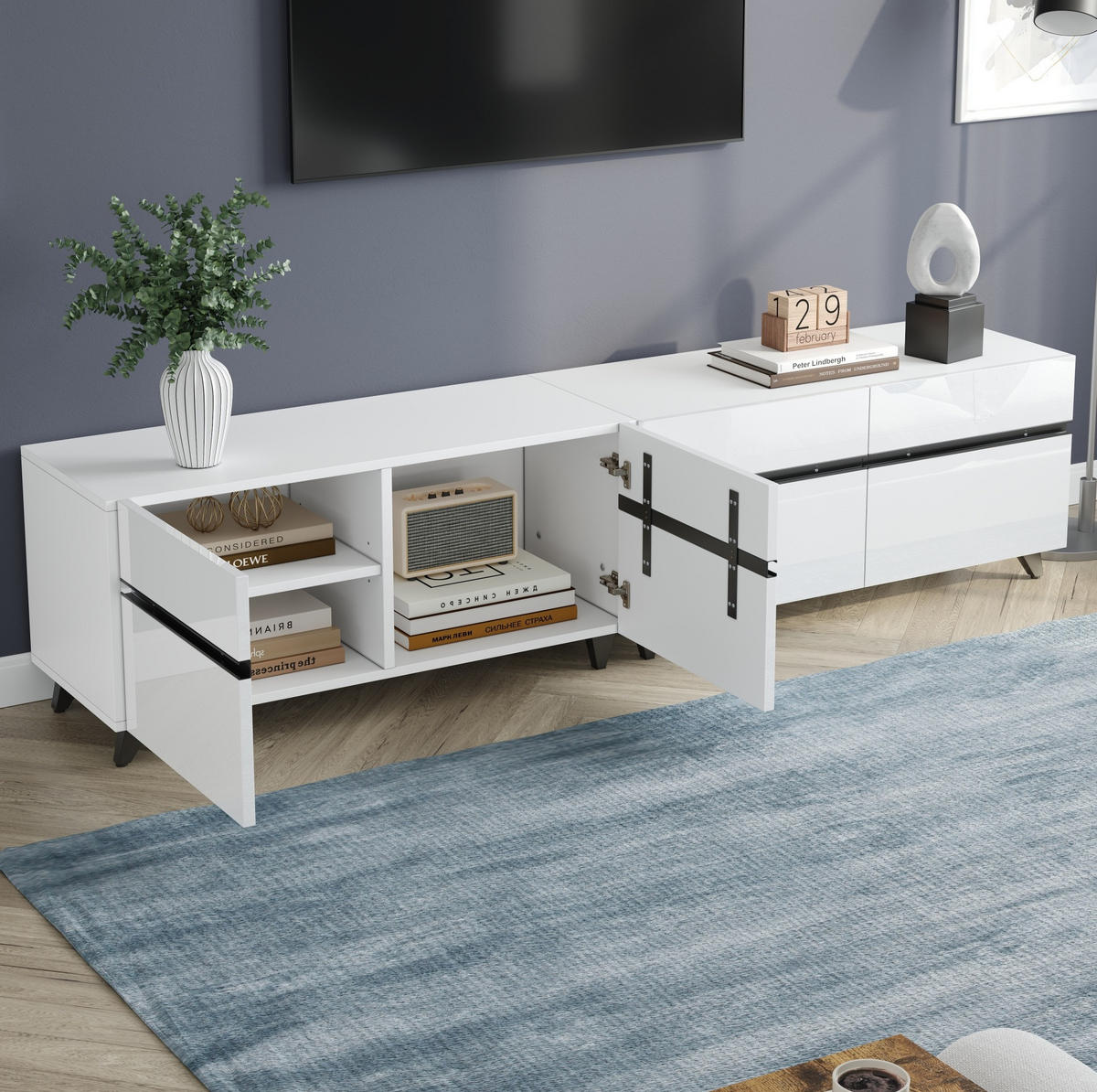 TV stolek 180/40/49 cm s vysokým leskem, 4 skříňkami, nastavitelnými přepážkami a 8 nohami, Bílá - bílá, kompozitní dřevo (180/49/40cm) - Redom