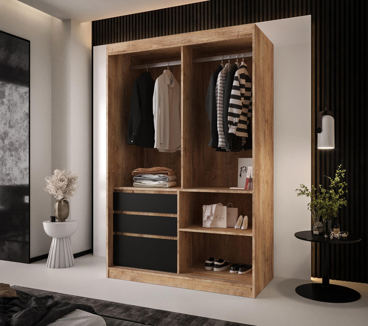 SCHIEBETÜRENSCHRANK PARMA 140, 2-türig Kleiderschrank mit 1 Spiegel, Moderne Garderobe, Schrank in Größe: 140 x 216 x 65 cm - Schwarz/Braun, Holzwerkstoff (140/216/65cm) - O-Sofa