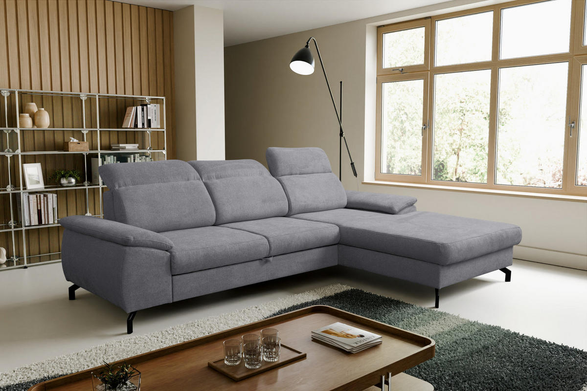 ECKSOFA MALIBU mit Schlaffunktion und Bettkasten, Farbe: Dunkelgrau, Velourstoff, Ottomane Rechts - Dunkelgrau, Textil (276/184cm) - VENASI MÖBEL