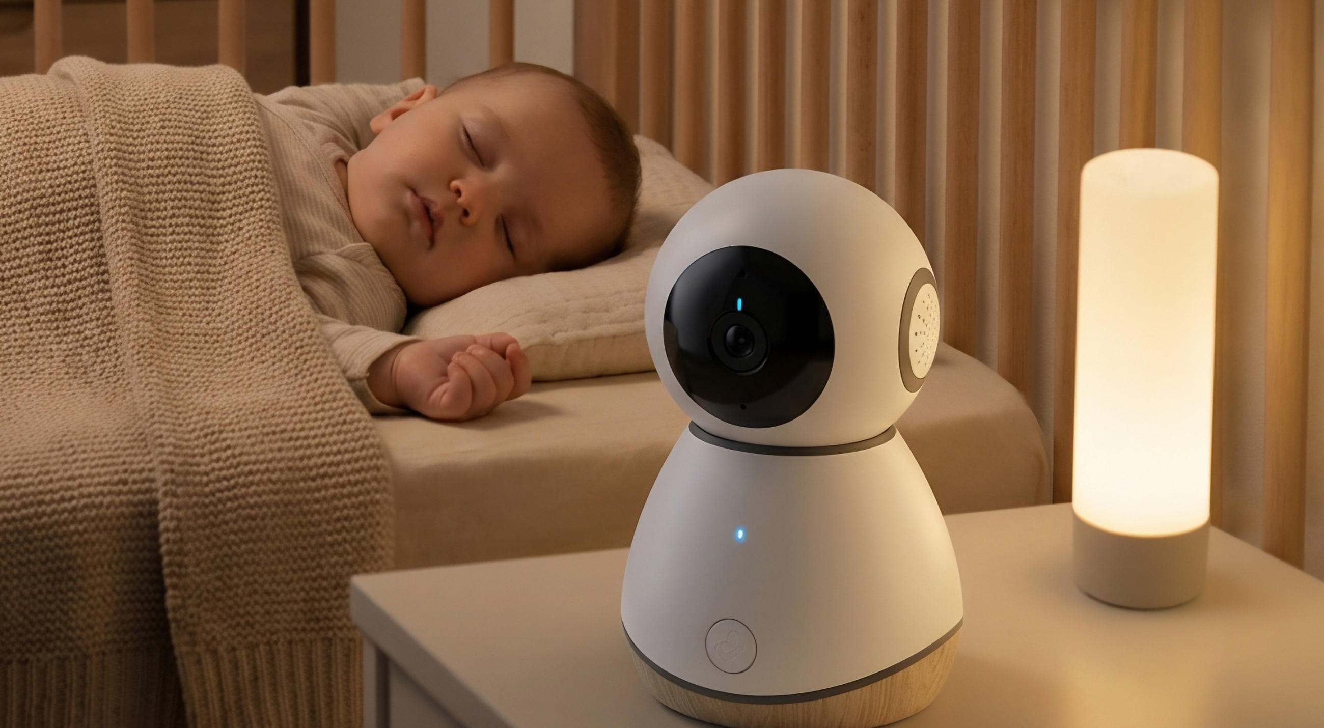 Schlafendes Kind auf einem Bett neben einem Nachttisch mit einer Überwachungskamera und einer Lampe.