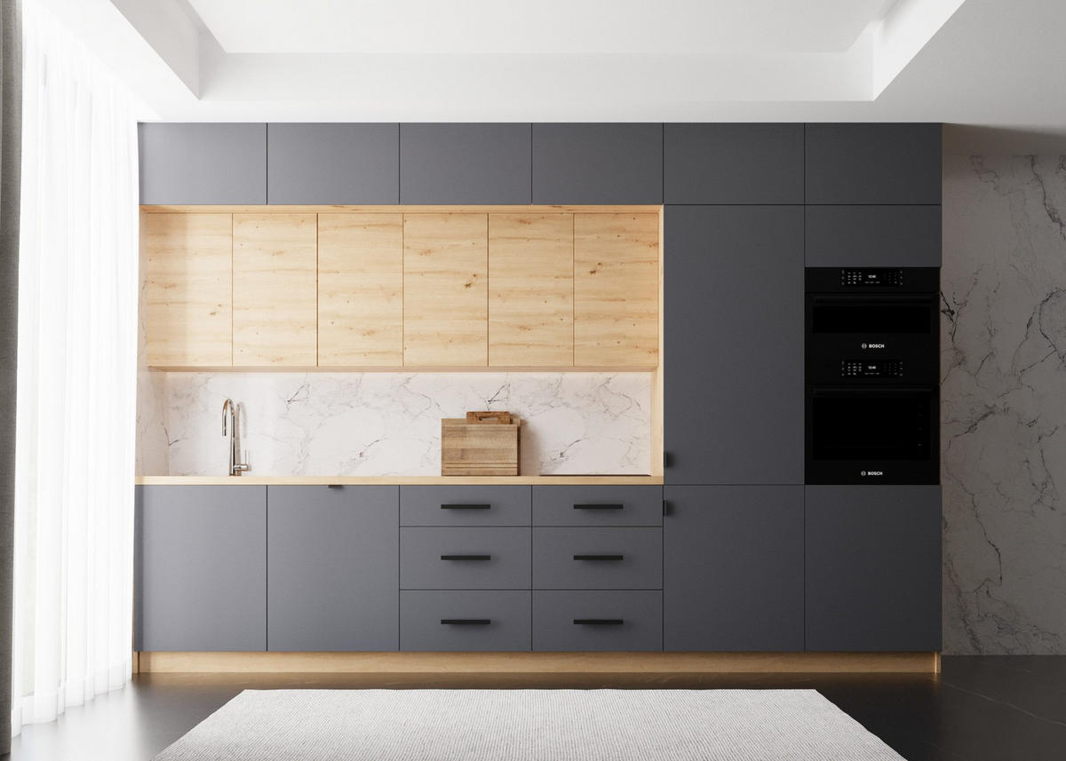 KÜCHENZEILE 360 cm - Nexa K50-G360 - in Grau & Woodline / Matt - Schwarz/Eiche Artisan, Holz/Metall (360/212/582cm) - ROYAL24_MARKT