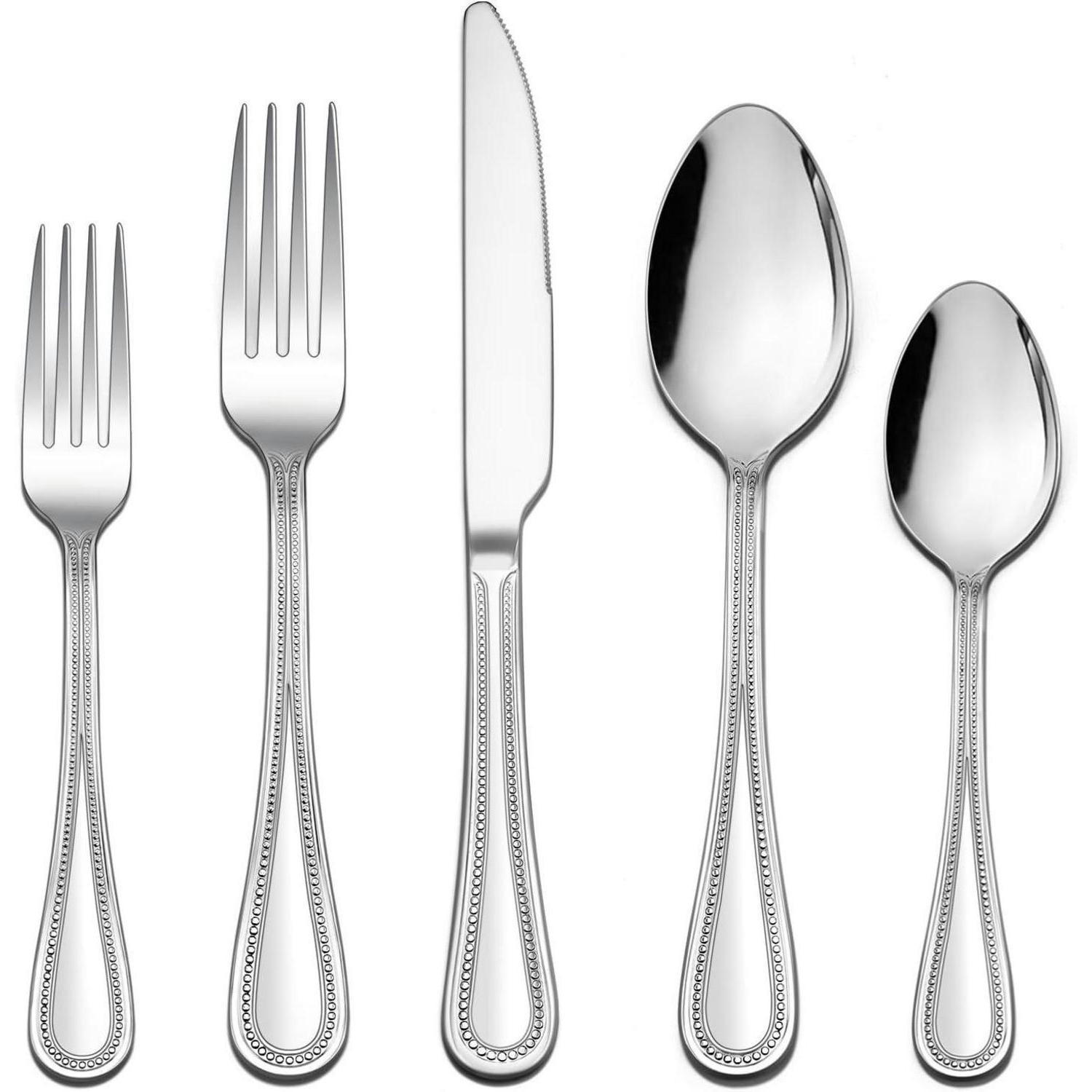 BESTECKSET 30-teilig für 6 Personen Edelstahl poliert Perlenrand Griff spülmaschinenfest - Silberfarben, Metall