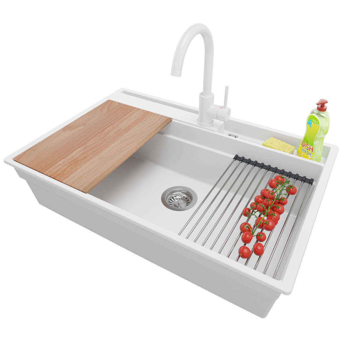 GRANITSPÜLE Oslo Pocket, 2-er set Weiß 78/53 cm 1 Becken + Küchenarmatur 32/20 cm + Ablauf-Set + Küchenzubehörset ab 80er Unterschrank - Chromfarben/Beige, Kunststoff (78/20/53cm) - Primagran