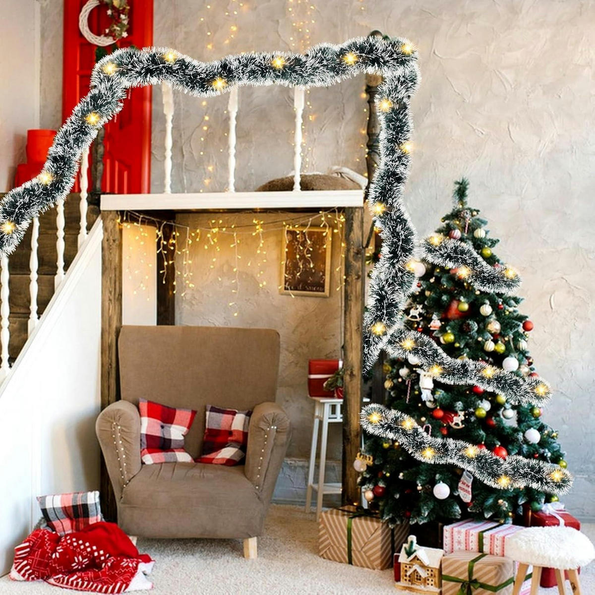 WEIHNACHTSGIRLANDE 10 m Dunkelgrün mit weißen Spitzen - Multicolor, Kunststoff (1000cm)