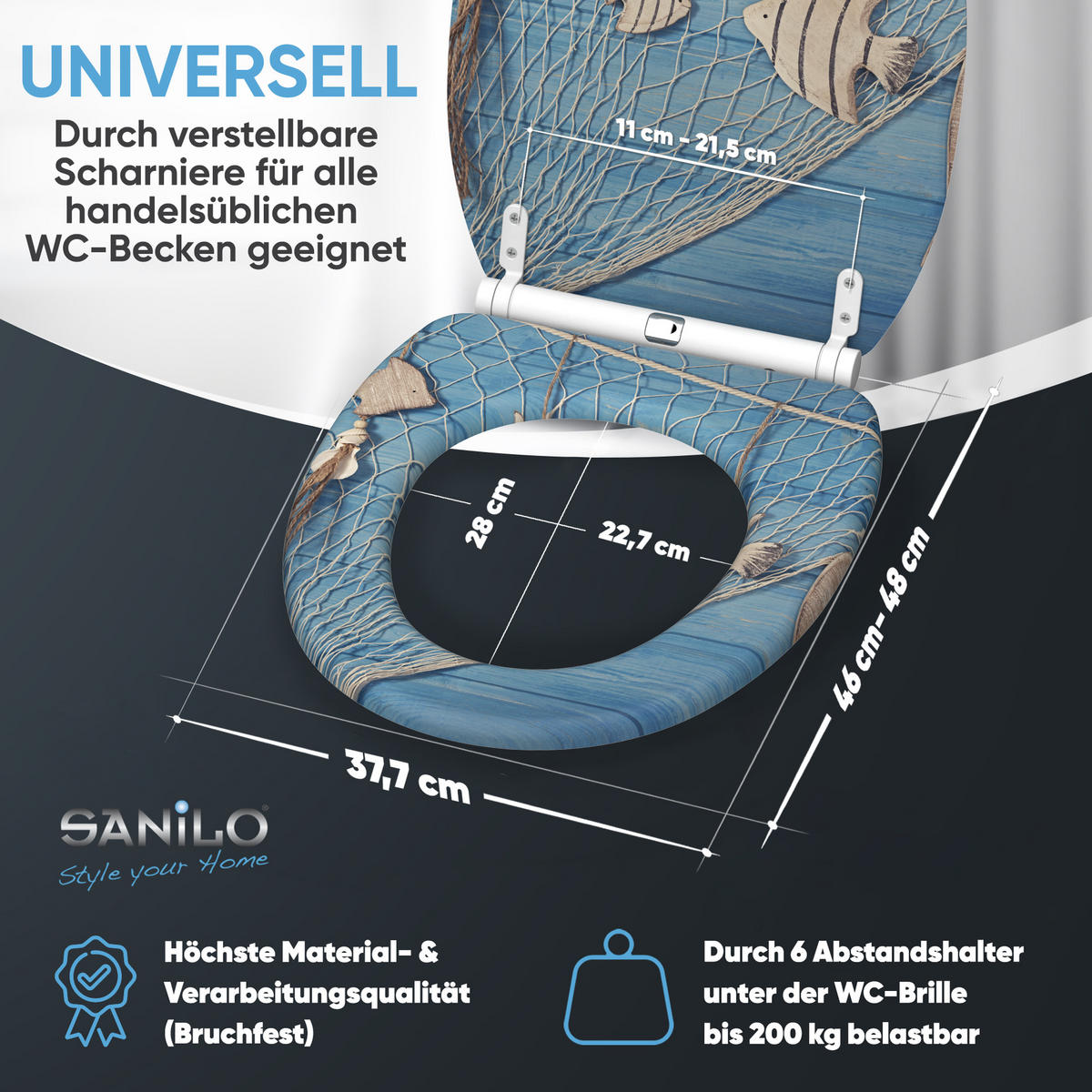 WC-SITZ mit Absenkautomatik & Top Fix Seefahrt - Blau, Holzwerkstoff (37.7/5.5/48cm) - Sanilo