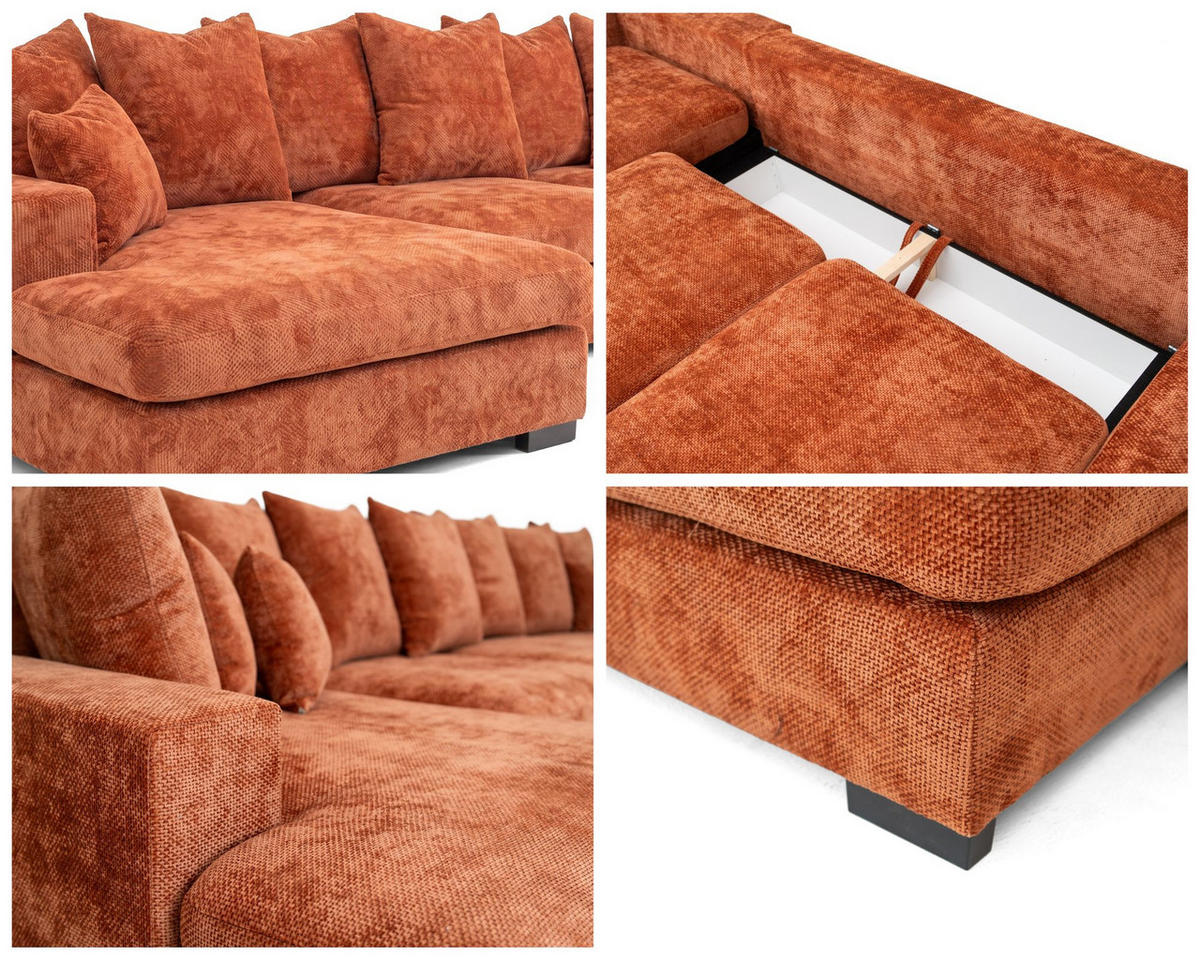 WOHNLANDSCHAFT Dahlia mit Schlaffunktion und Bettkasten in U-Form - Terrakotta Chenille 373/92/155 cm - Terracotta/Schwarz, Kunststoff/Textil (373/92/155cm) - WFL GROUP