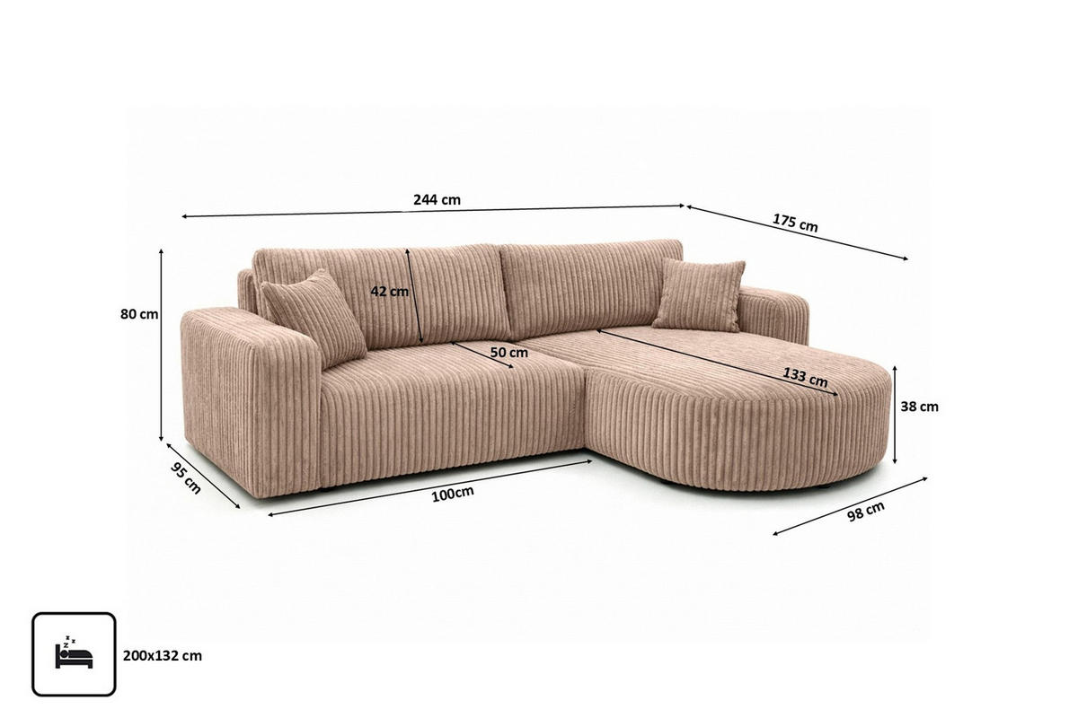 ECKSOFA Mit Schlaffunktion, Cordstoff Tilia, Braun, Rechts, ROUND ONE - Braun, Holz (244/175cm) - Kaiser Möbel