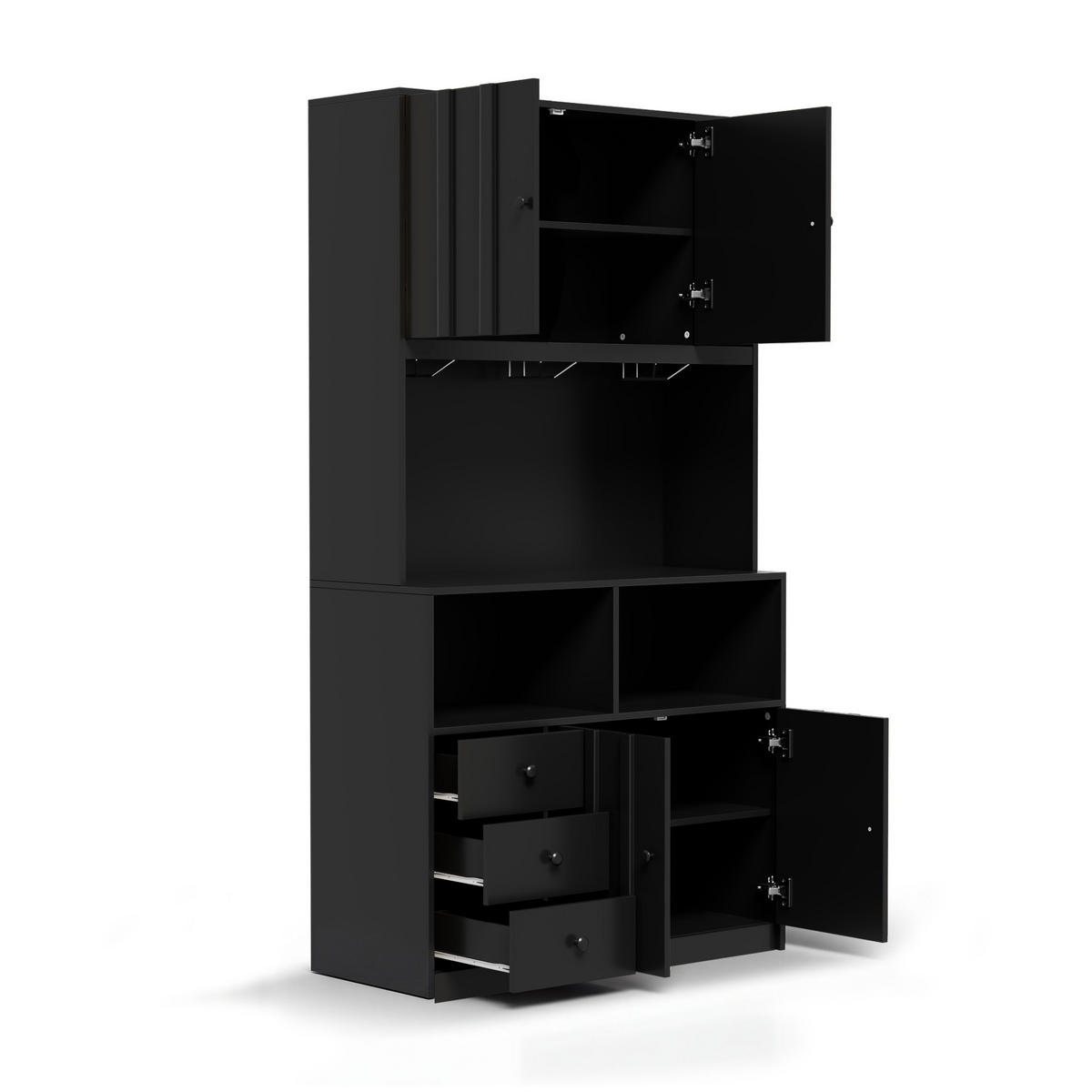 BUFFET 180 cm MDF Schwarz mit RGB-LED, Weinglashalter und Vitrine - Schwarz, Holzwerkstoff (40/180/100cm) - Korfee