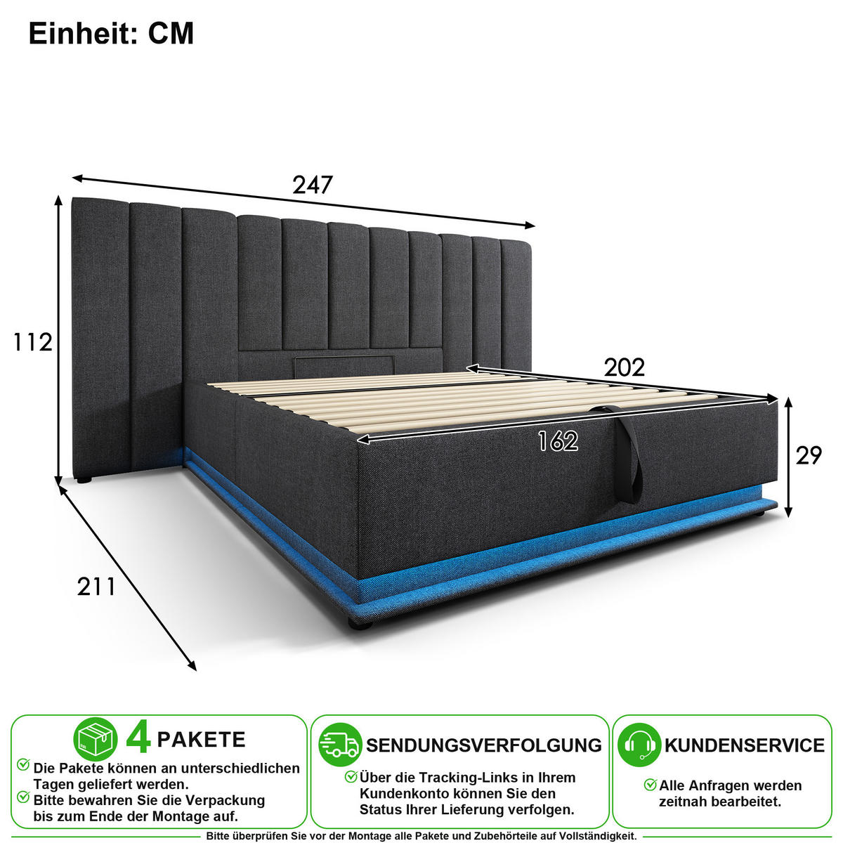 POLSTERBETT 160/200 cm in Grau mit Bettkasten, LED und Matratze aus Leinen - Grau, Holzwerkstoff/Textil (160/200cm) - CHICFURN