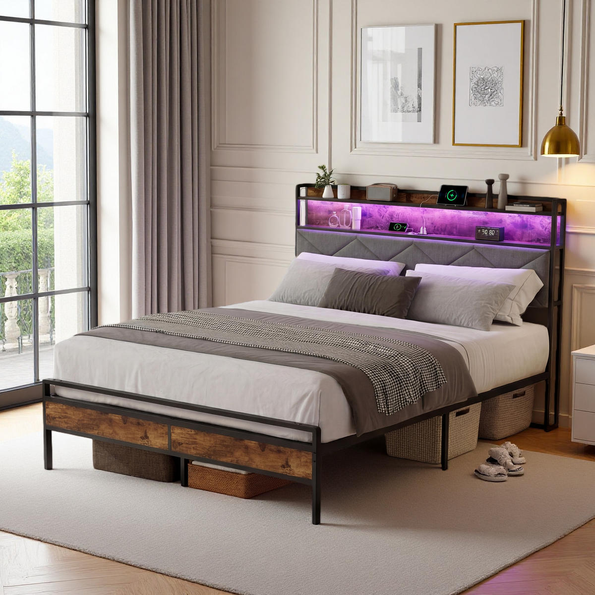 METALLBETT 140/200 cm grau mit Stauraum und USB - Dunkelgrau, Holz - SHOPENTRA