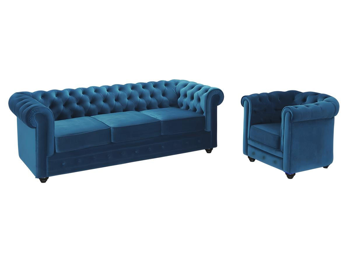 COUCHGARNITUR 3+1 - Samt - Grünblau - CHESTERFIELD - Petrol, Textil (88/72/205cm) - Vente-Unique