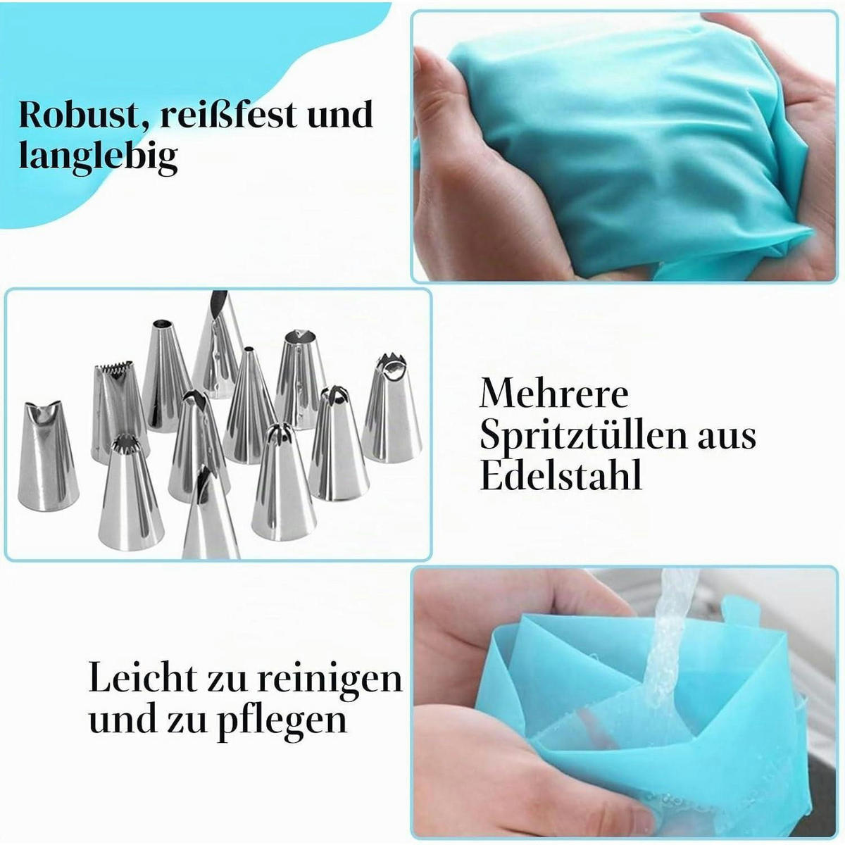 SPRITZBEUTEL Set mit 12 Tüllen und Backmatte - Hellblau, Kunststoff (29/1/39.2cm)