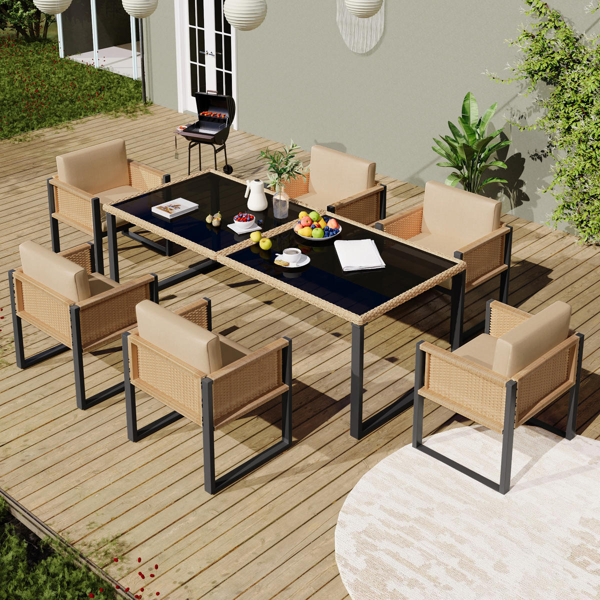 ESSGRUPPE 6-PERSONEN mit Sesseln und waschbaren Bezügen - Braun, Textil - BLACKCUP