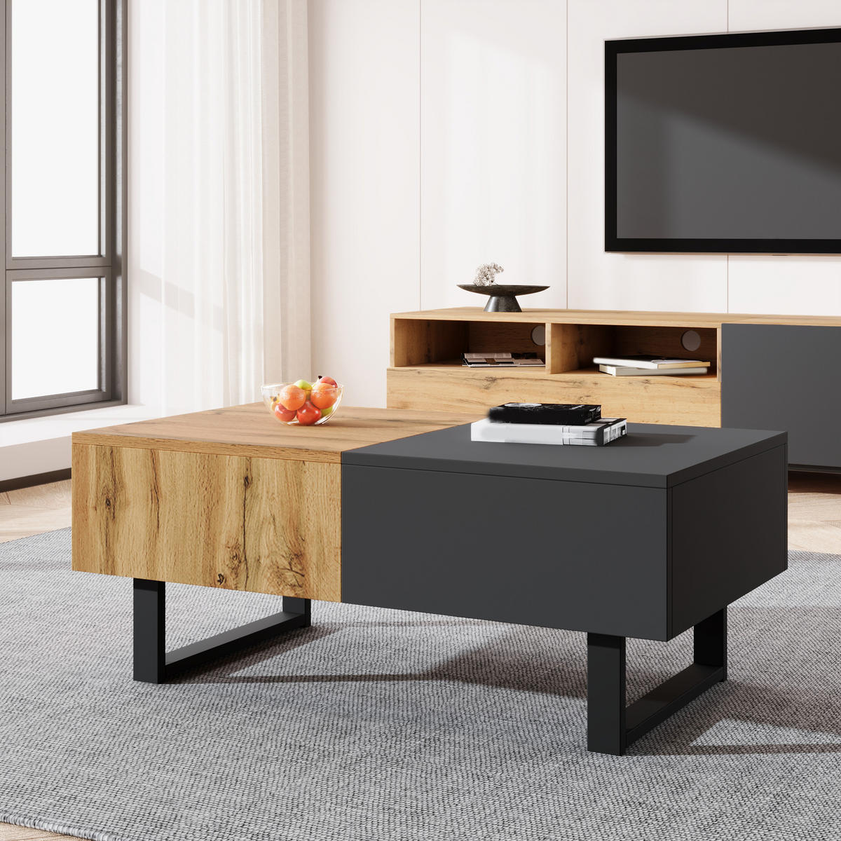 COUCHTISCH in Naturfarben und Anthrazit mit Aufbewahrung und Schiebefunktion für Wohnzimmer, B155/T55/H40 cm - Anthrazit/Schwarz, Holzwerkstoff/Metall (55/155/40cm) - STILVORA