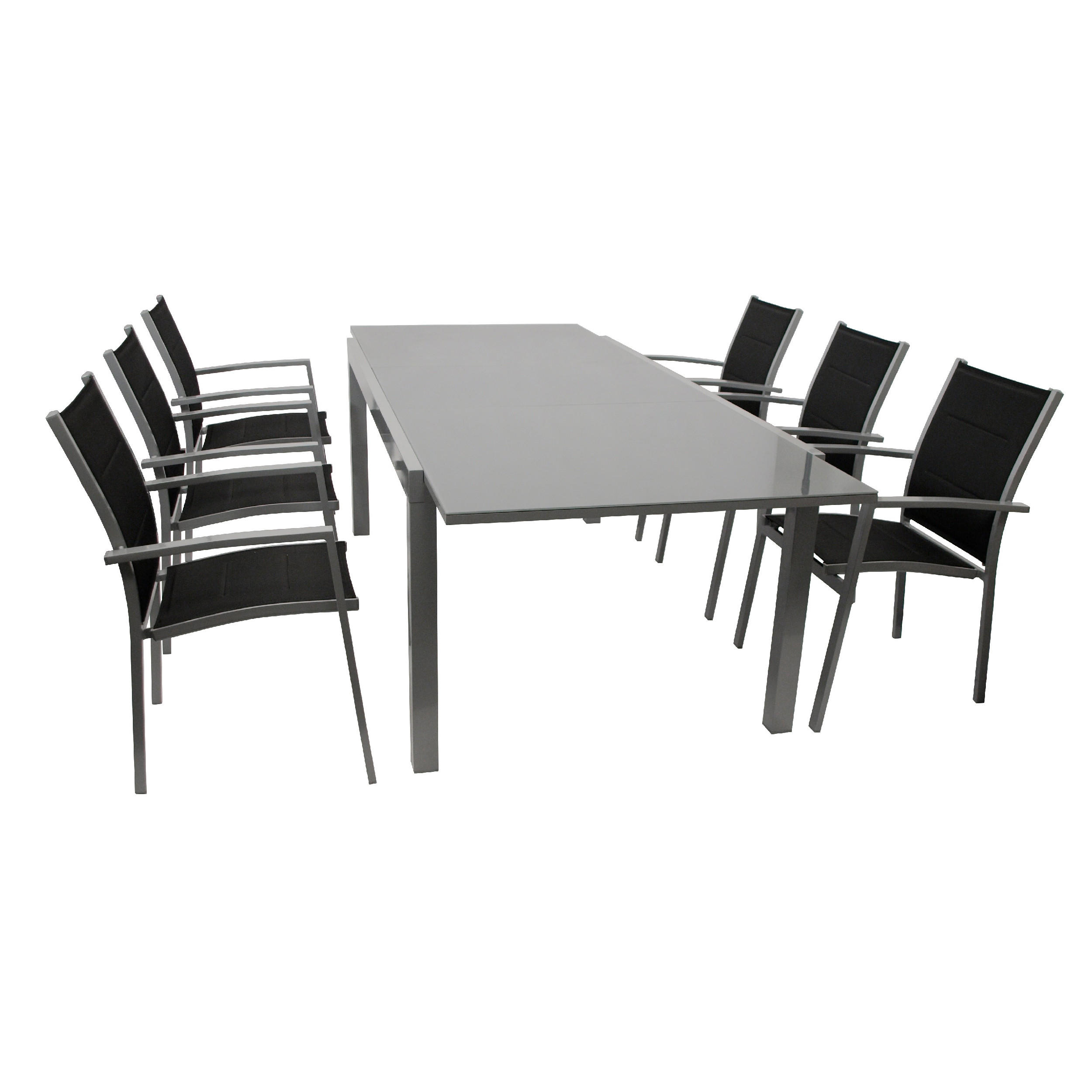 GARTEN-GARNITUR Ashford - 7-teilige Garten-Essgruppe (6x Stapelsessel mit Armlehnen, 1x Ausziehtisch 180/240x100cm), Gestell Aluminium - Schwarz, Metall - TPFGarden