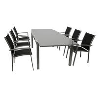 GARTEN-GARNITUR Ashford - 7-teilige Garten-Essgruppe (6x Stapelsessel mit Armlehnen, 1x Ausziehtisch 180/240x100cm), Gestell Aluminium - Schwarz, Metall - TPFGarden