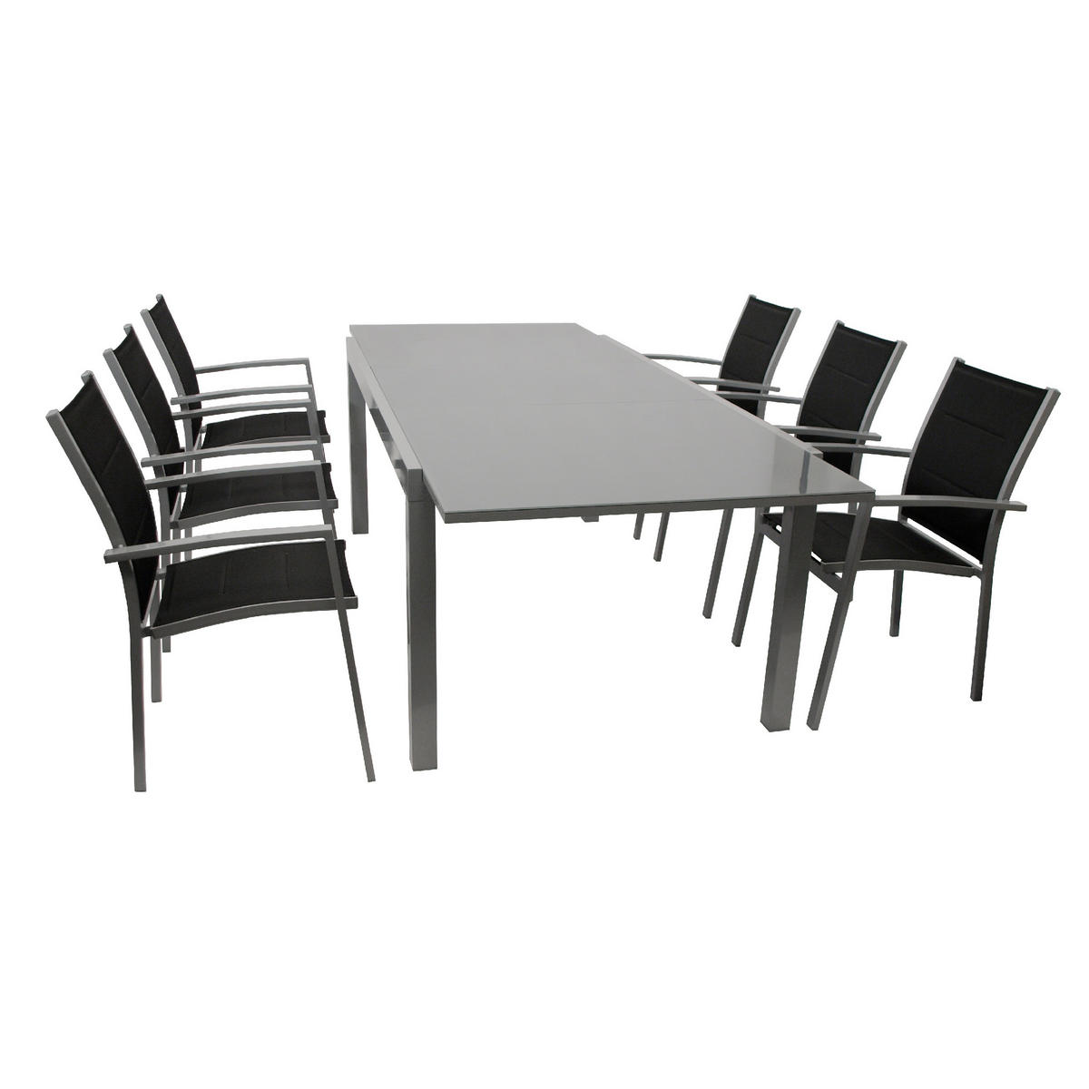 GARTEN-GARNITUR Ashford - 7-teilige Garten-Essgruppe (6x Stapelsessel mit Armlehnen, 1x Ausziehtisch 180/240x100cm), Gestell Aluminium - Schwarz, Metall - TPFGarden
