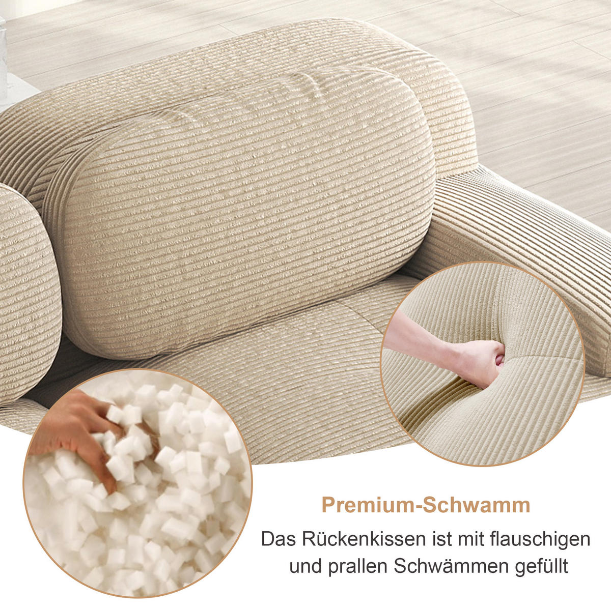 ECKSOFA in Beige aus Cord mit 32D-Schaum und rutschfester Unterseite - Beige, Textil (178/388cm) - Flora Grace