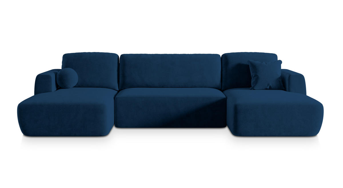 WOHNLANDSCHAFT SENTUM K Blau Plüsch-Stoff mit Schlaffunktion - Blau, Holz (330/90/148cm) - MASSENO