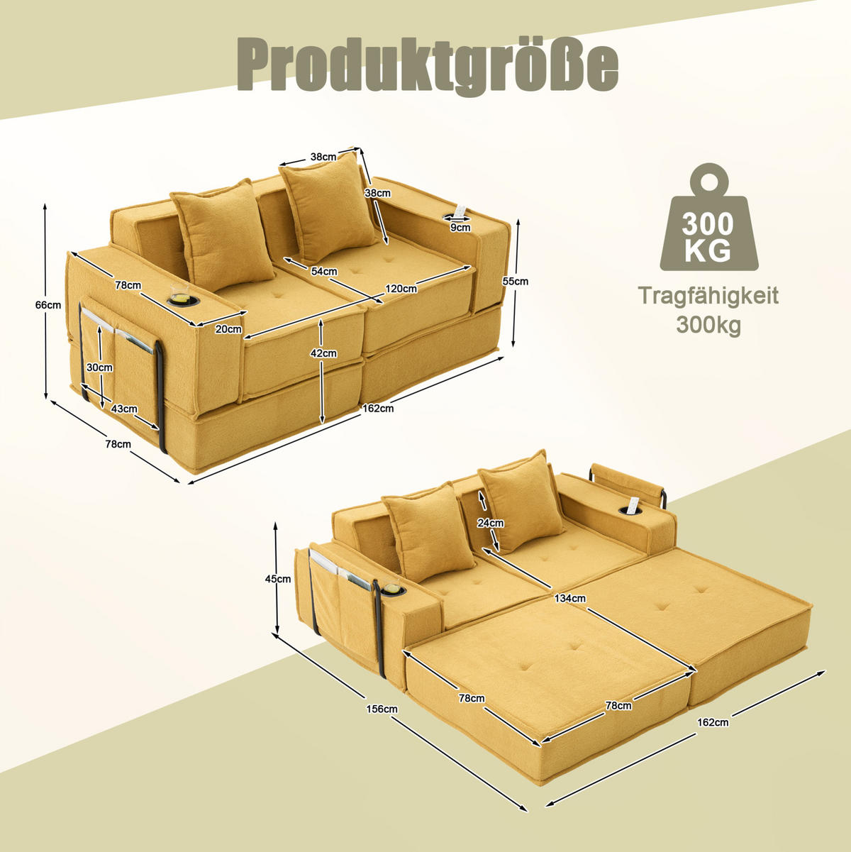 2-SITZER-SOFA 162/78/66 cm mit 2 Kissen, Seitentaschen und modularer Chenille-Polsterung, Senfgelb - Gelb, Textil (162/66/78cm) - Redom