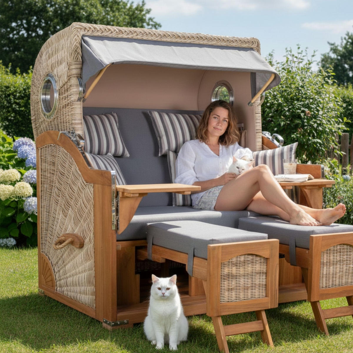 STRANDKORB XXL Düne Grande Teak PE Shell - Braun/Grau, Metall (142/170/95cm) - Mr. Deko