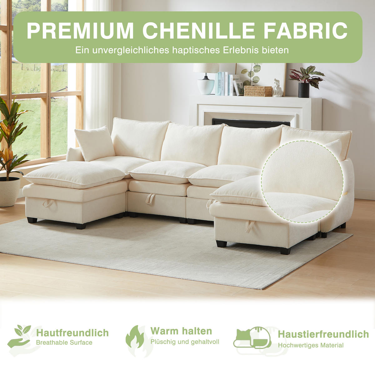 WOHNLANDSCHAFT 281/147/89 cm Beige mit 2 Fußhocker - Beige, Textil (281/89/147cm) - Oxeza
