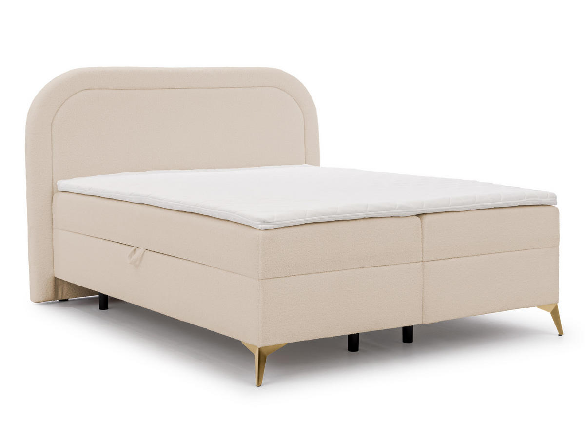 BOXBETT Sonna 180/200 cm Hellbeige Bouclé-Stoff mit abgerundetem Kopfteil und mit goldenen Metallfüßen - Beige/Goldfarben, Holz/Textil (180/200cm) - S-Style Möbel