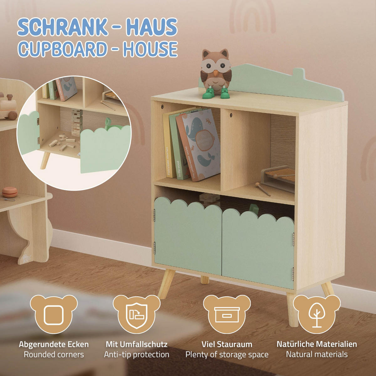 KINDERREGAL Haus-Design, Grün/Natur - Naturfarben, Holz (60/82/30cm) - Joyz