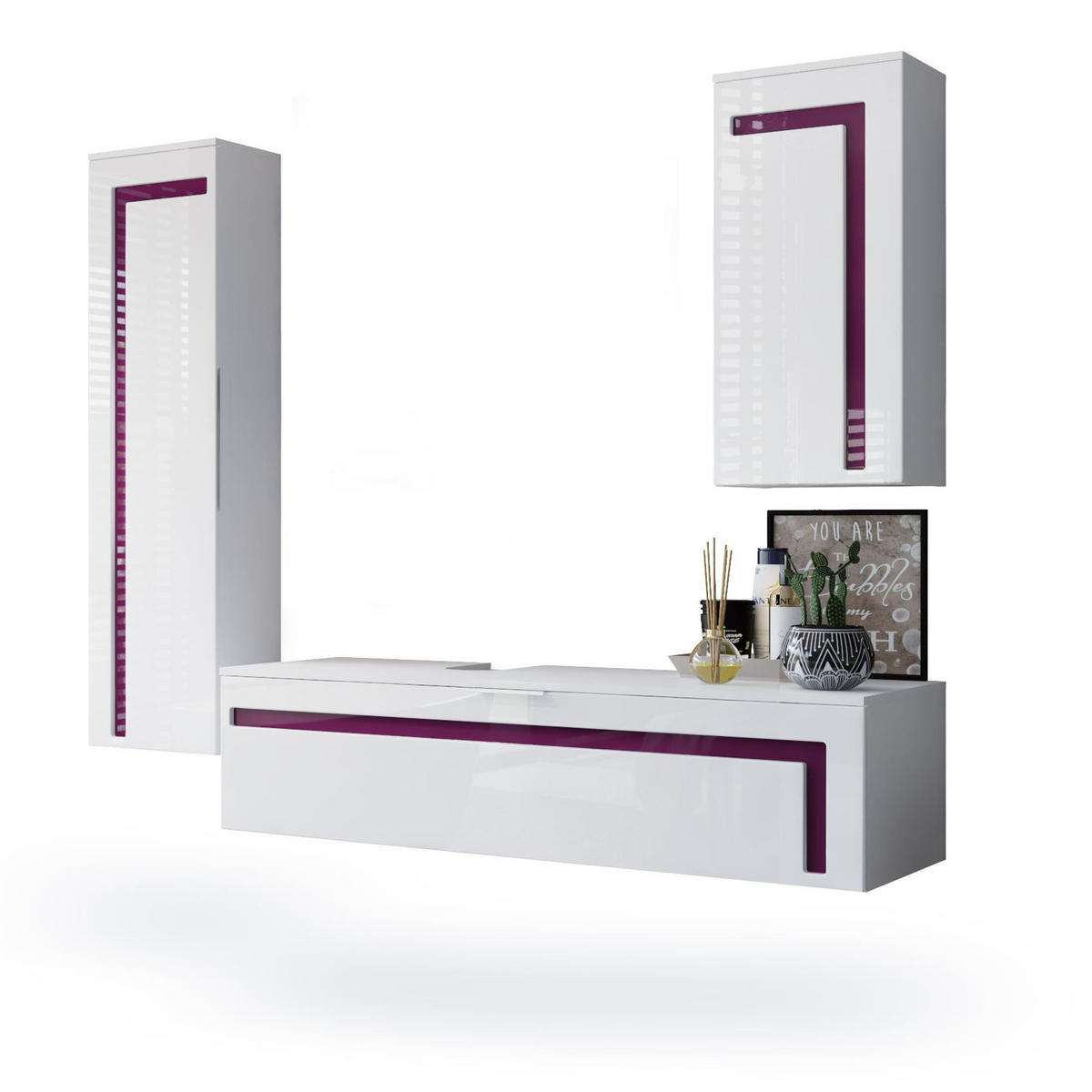 BADMÖBELSET Aloha Absetzungen in Brombeer Hochglanz - Brombeere, Holzwerkstoff (210/185/51cm) - Vladon