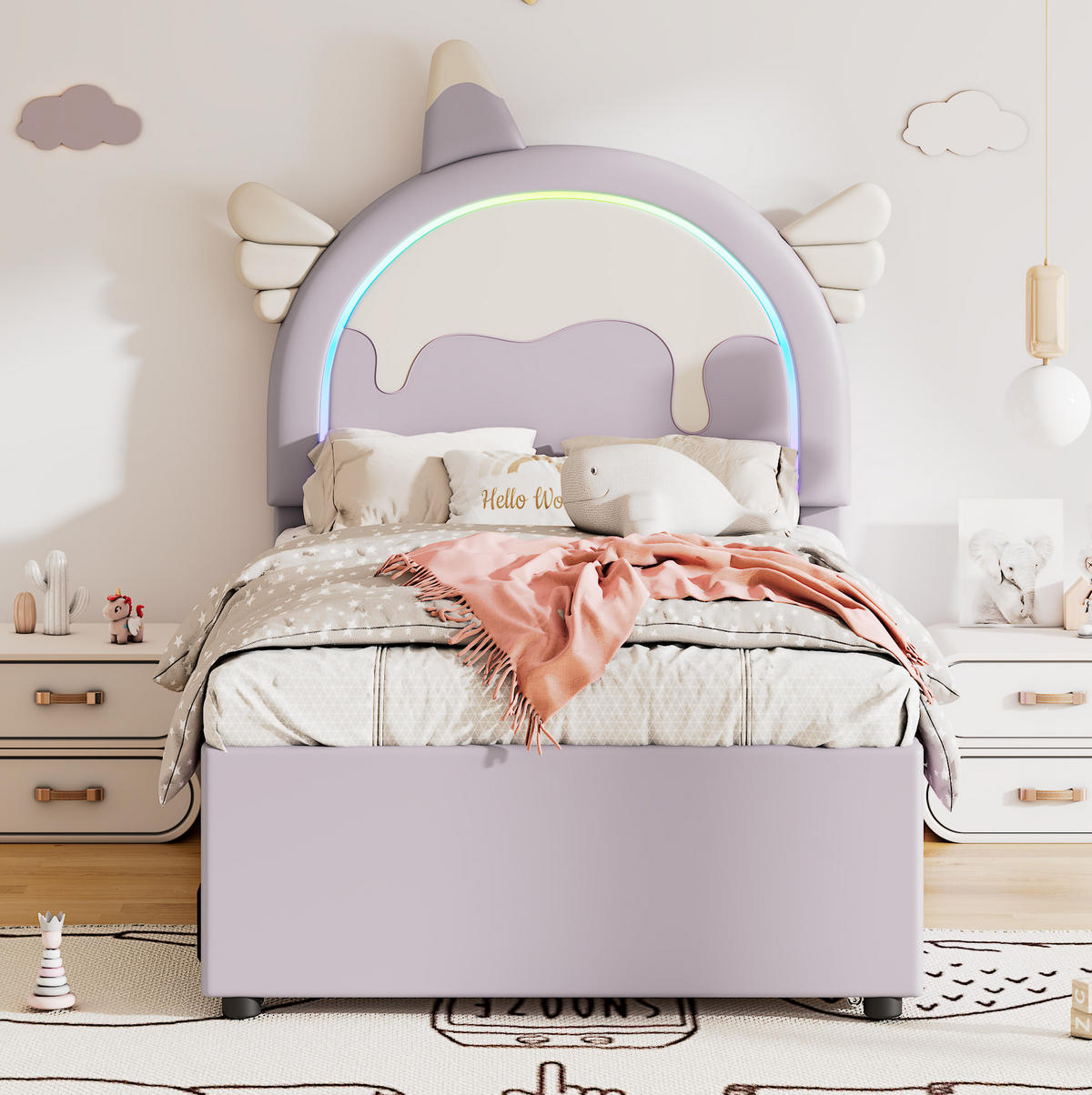 KINDERBETT 90/200 cm aus PU und MDF mit Einhorn-Kopfteil und ausziehbarem Rollbett Violett - Violett, Kunststoff (90/200cm) - Modenvie