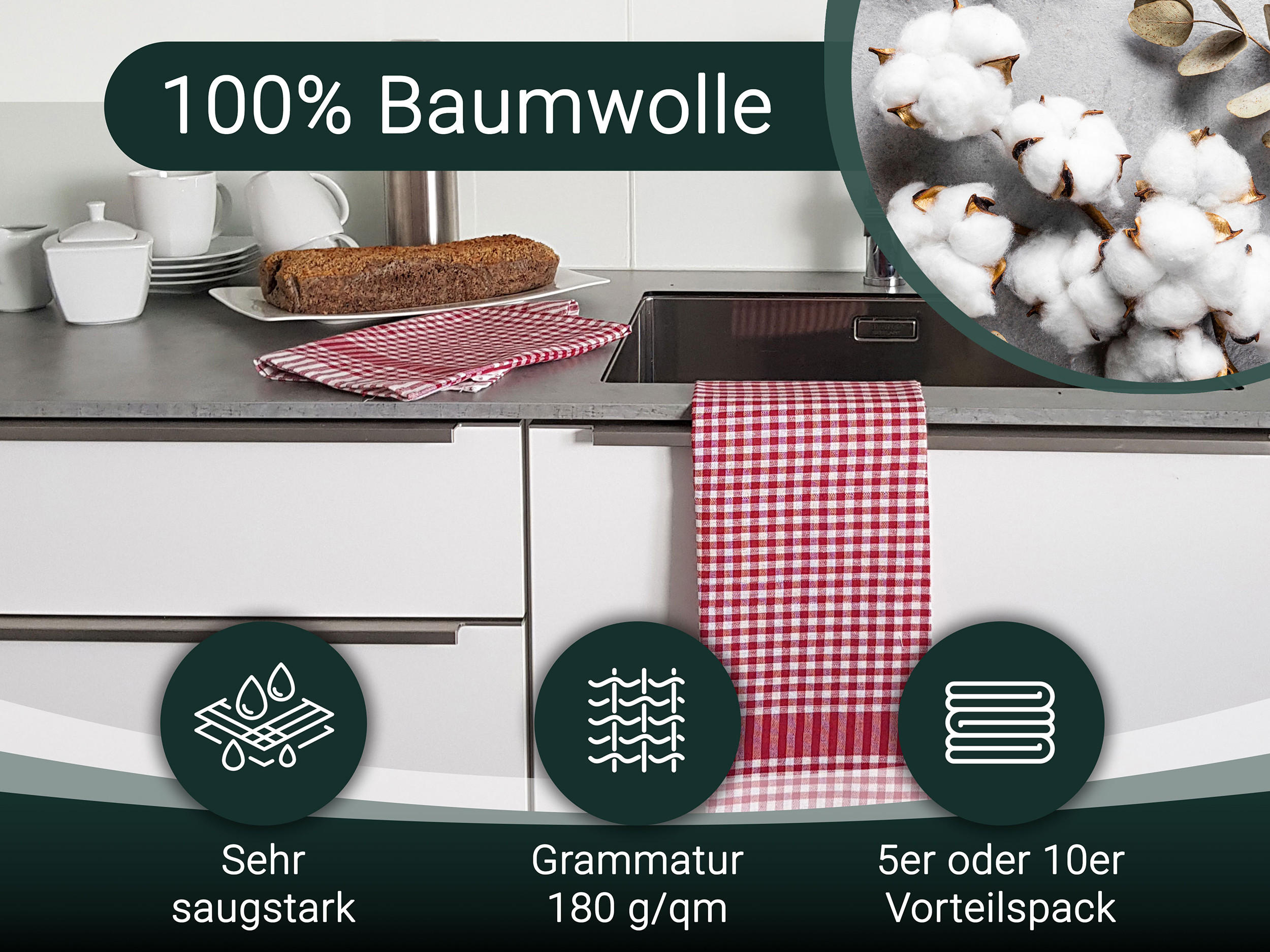 GESCHIRRTÜCHER, 5er-Set, 50x70 cm, 100% Baumwolle, Rot - Rot, Textil (50/70cm) - Zollner