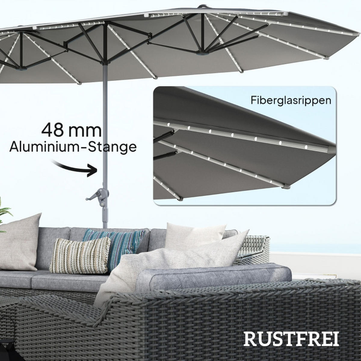 DOPPELSONNENSCHIRM MIT SOLAR-LED, 451 x 267 cm – Dunkelgrau - Grau, Metall (267/451cm) - ComfortXL