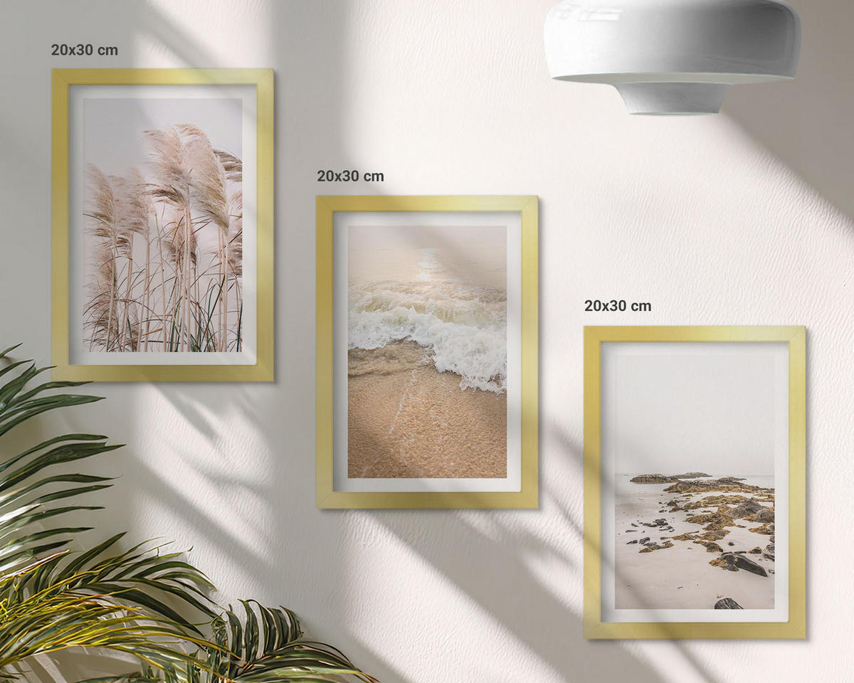BILDER SET 3er Set - 20x30 cm Goldrahmen - Strandgras, Wellen, Steine, Boho-Stil - Goldfarben, Kunststoff (20/30cm) - TULUP