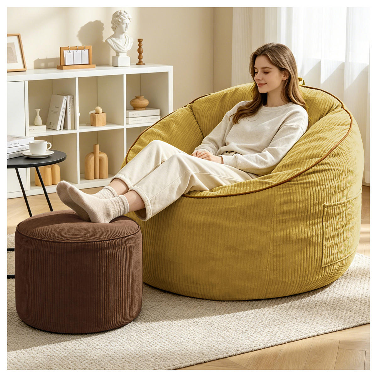 SITZSACK Flanell Gelb mit Hocker und Seitentasche - Gelb, Textil (103/80/95cm) - WISHDOR