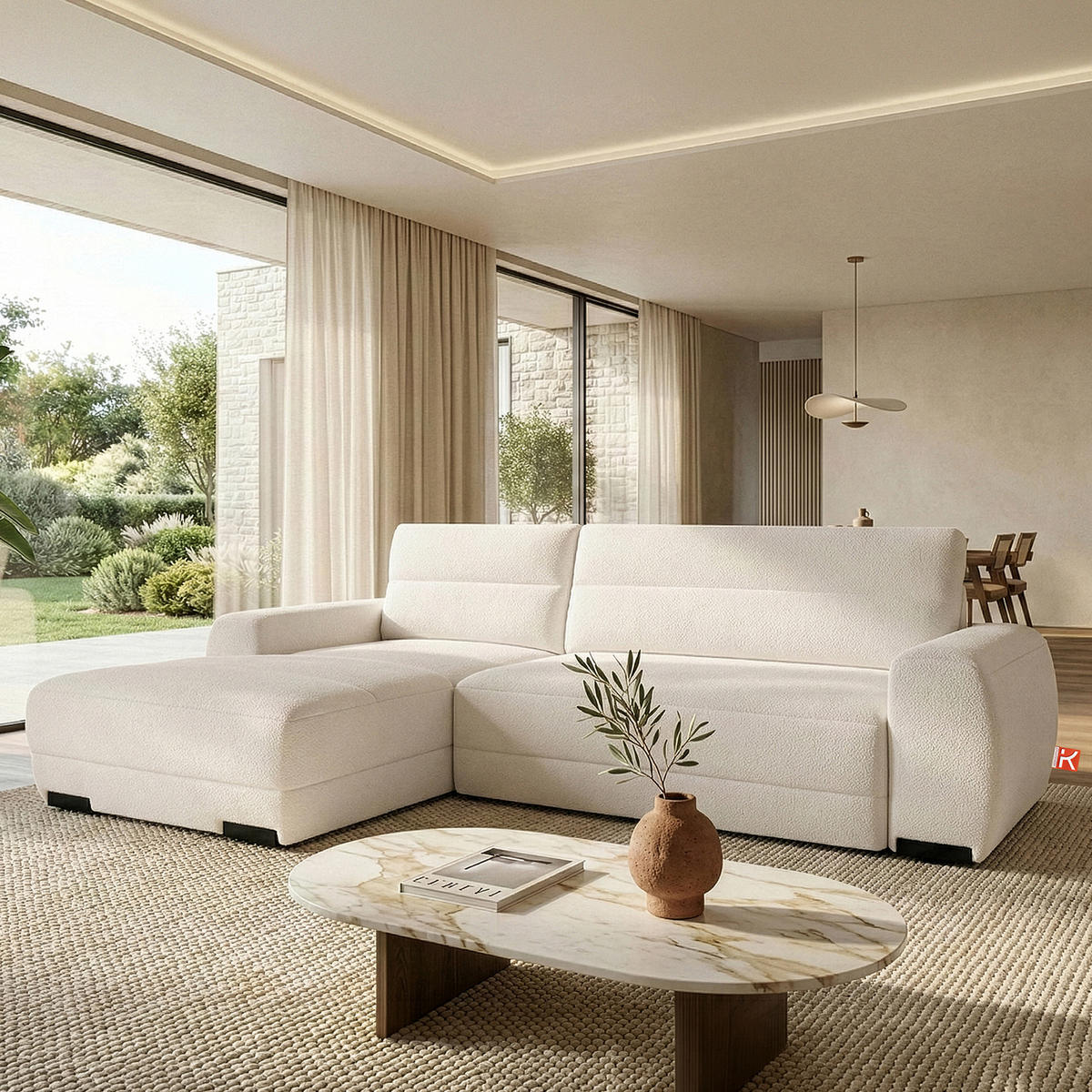 ECKSOFA LINKS BLUME, Ecru - Ecru, Holz/Holzwerkstoff (271/164cm) - KONSIMO®
