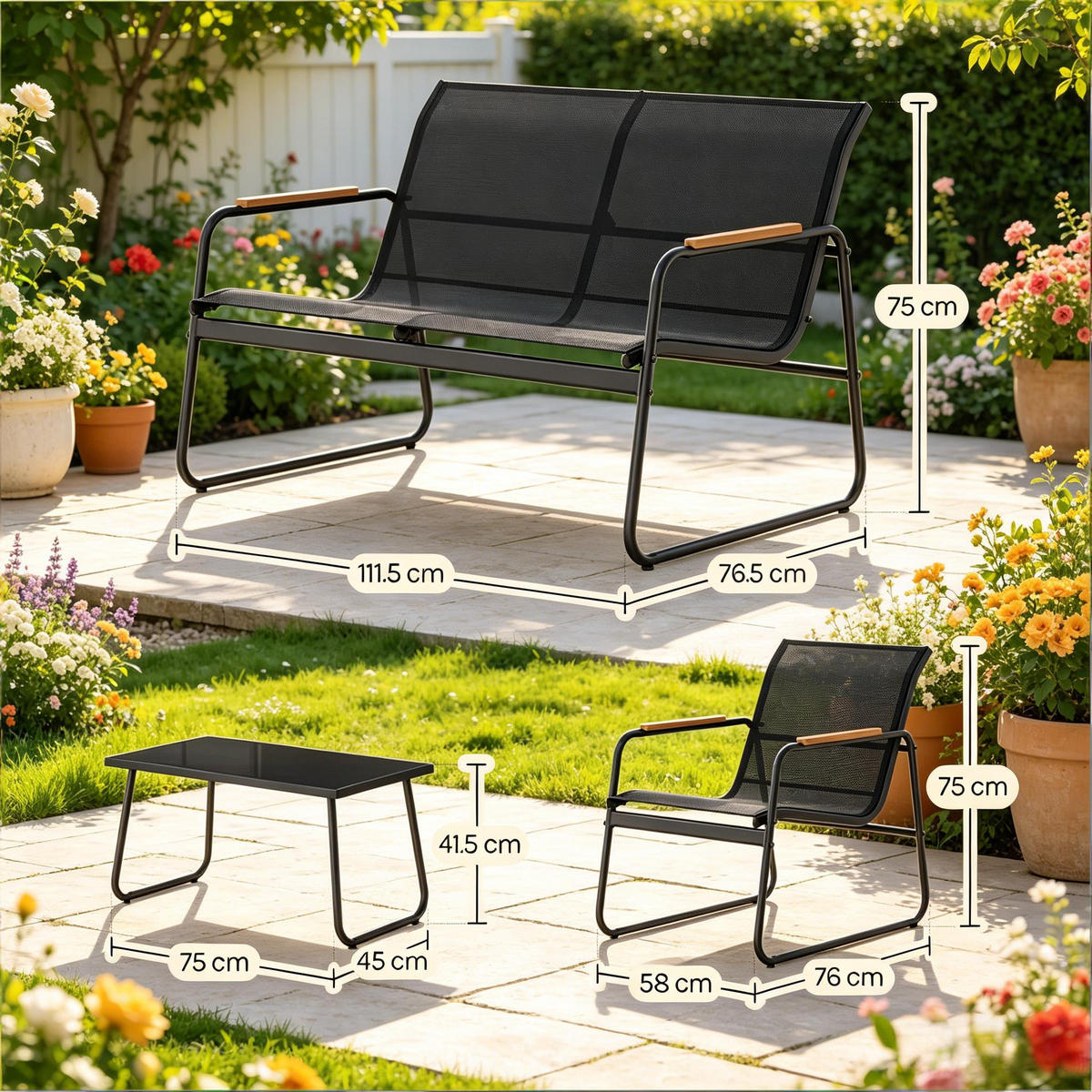 GARTENMÖBEL-SET Schwarz 4-teilig mit Glastisch & Armlehnen in Holzoptik - Schwarz, Metall - PANGIVO