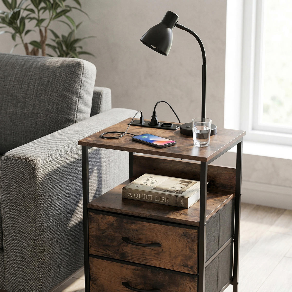 NOČNÍ stolek - hnědá, kov/kompozitní dřevo (30/40/60cm) - Relaxdays