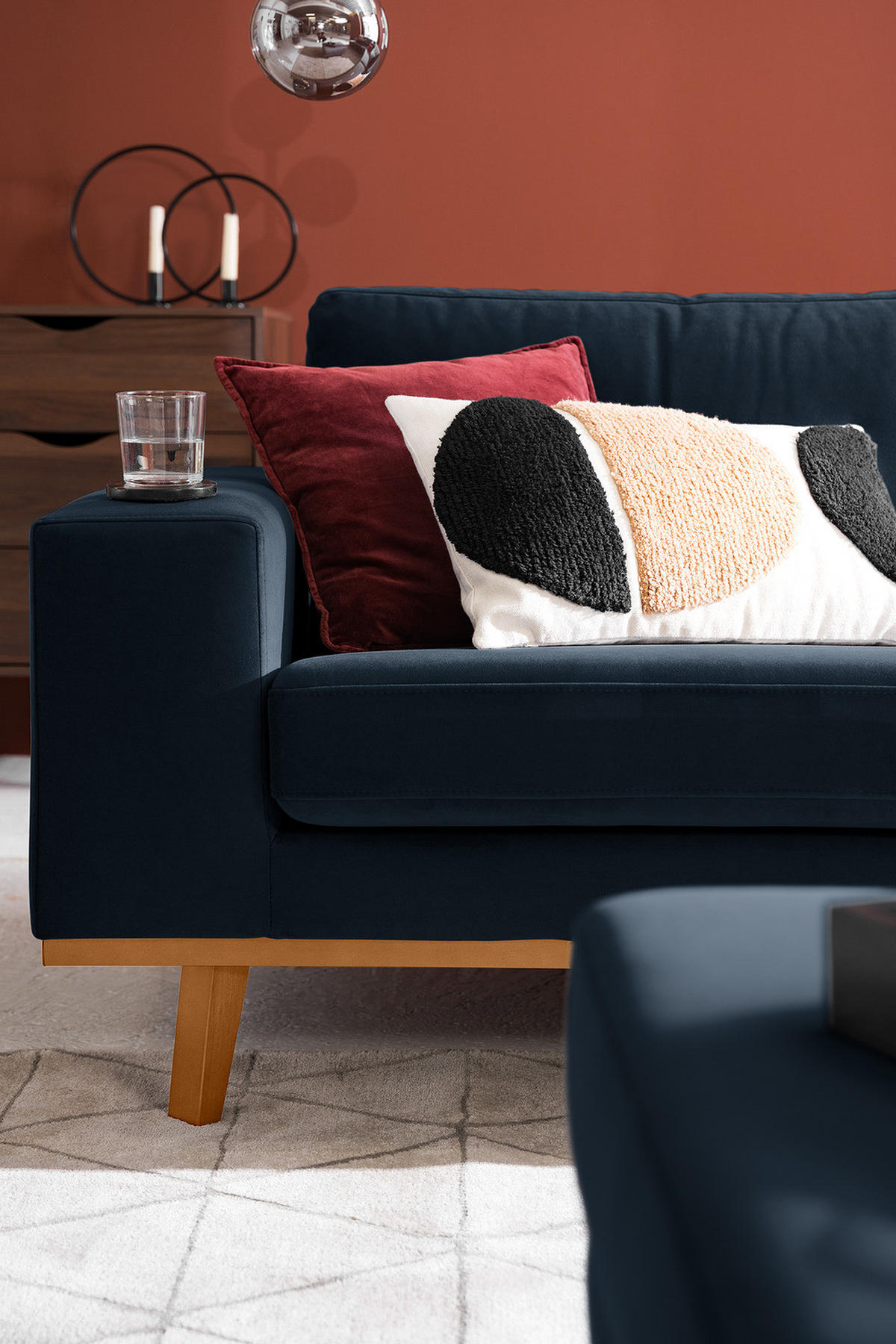 ECKSOFA mit Ottomane - Buchefarben/Dunkelblau, Buchenholz/Textil (287/219cm) - home24