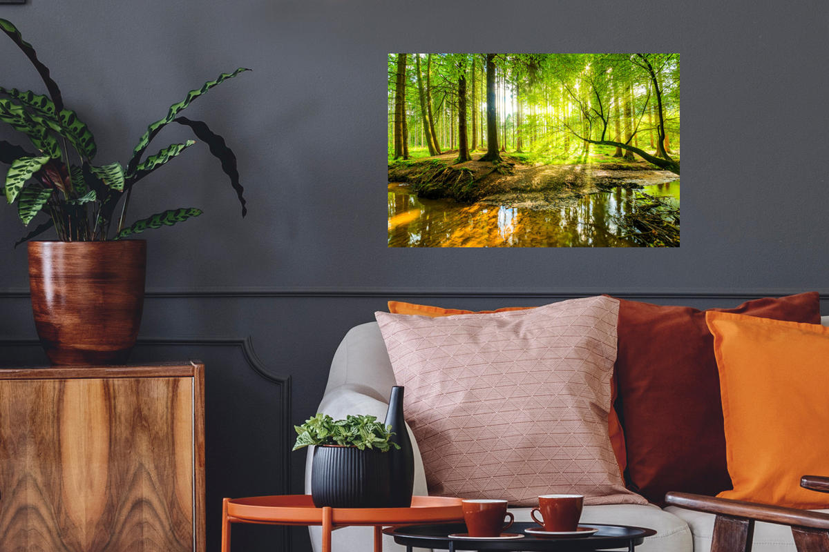 WANDTATTOO Wald - Landschaft - Wasser - Bäume - Sonne - Grün - Natur 60x40 cm - Grün, Kunststoff (60/40/0.1cm) - MuchoWow