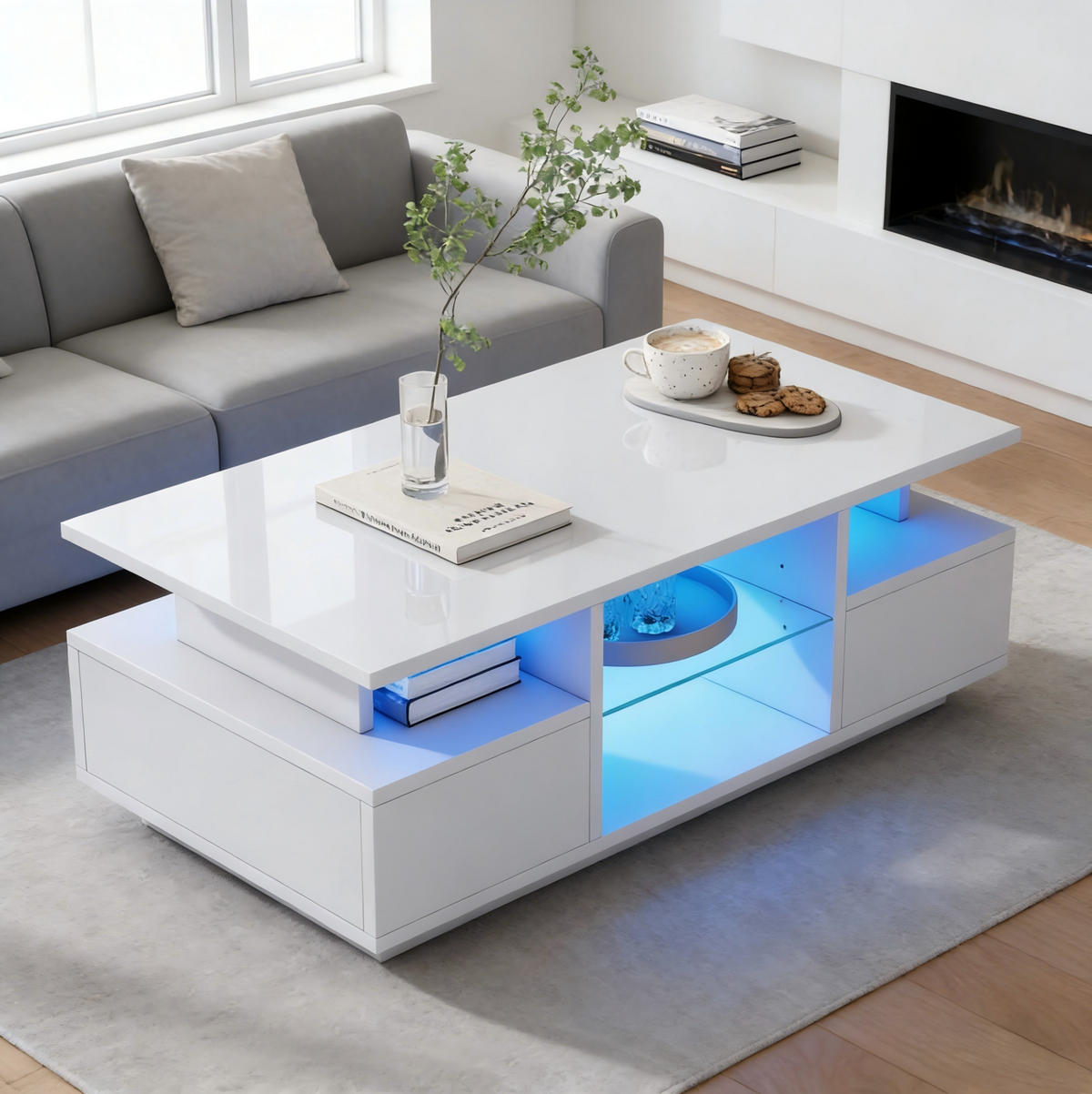 COUCHTISCH mit LED 100 x 50 x 36 cm Weiß mit 2 Schubladen - Weiß, Holzwerkstoff (100/50/36cm) - Meubliv