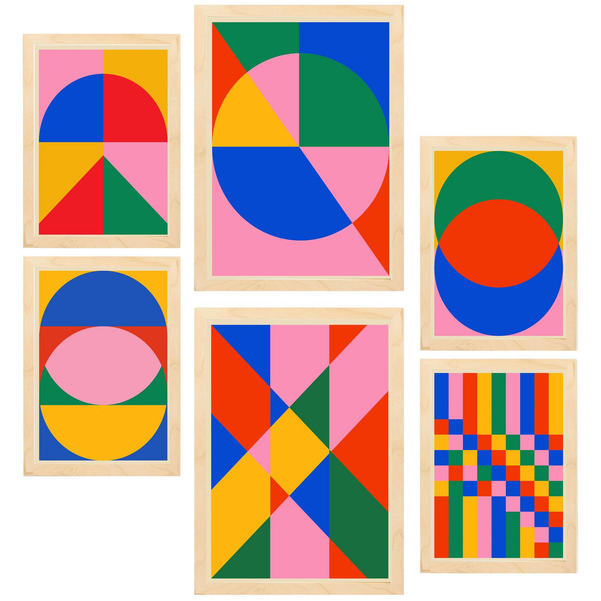 POSTER Set Mit 6 Geometrisches Bauhaus A3 & A4 Rahmen Aus Hellem Holz - Beige, Papier (29/3cm) - Nacnic