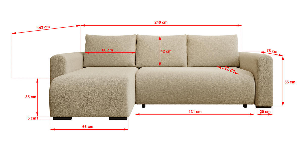 ECKSOFA DORA L, Eckcouch in L-Form mit Schlaffunktion und Bettkasten, Farbe: Creme, Bouclé-Stoff, Ottomane Links - Creme, Textil (240/143cm) - Storez24