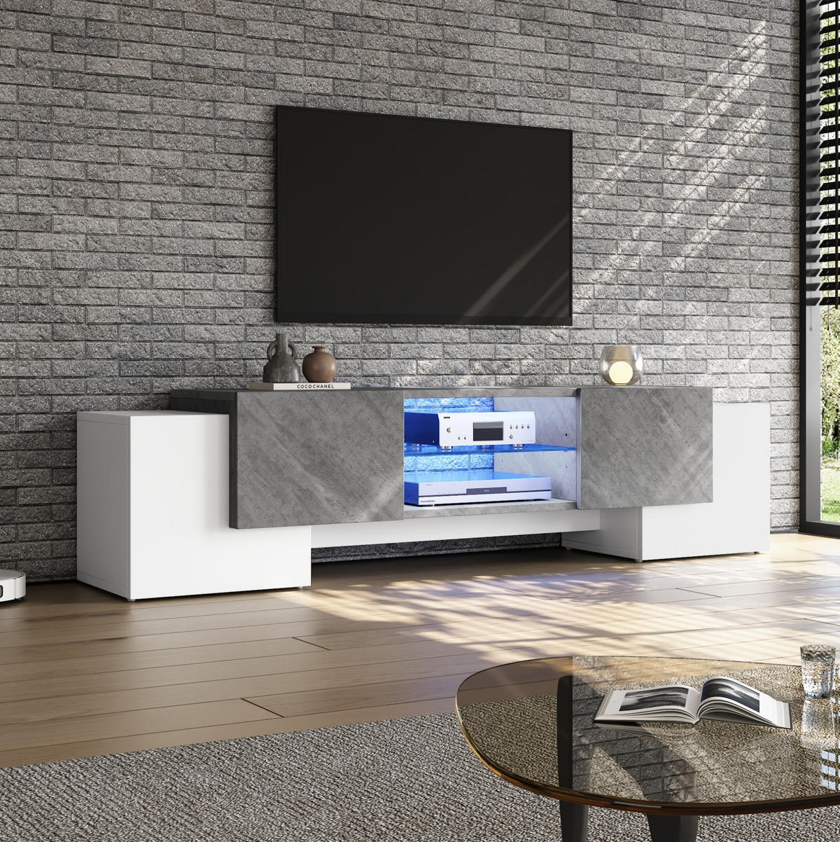 TV-LOWBOARD aus MDF 180x40x46,5 cm Weiß/Grau mit Bluetooth-LED, Hartglas-Ablage und 4 Türen - Weiß, Holzwerkstoff (180/46.5/40cm) - Modfu