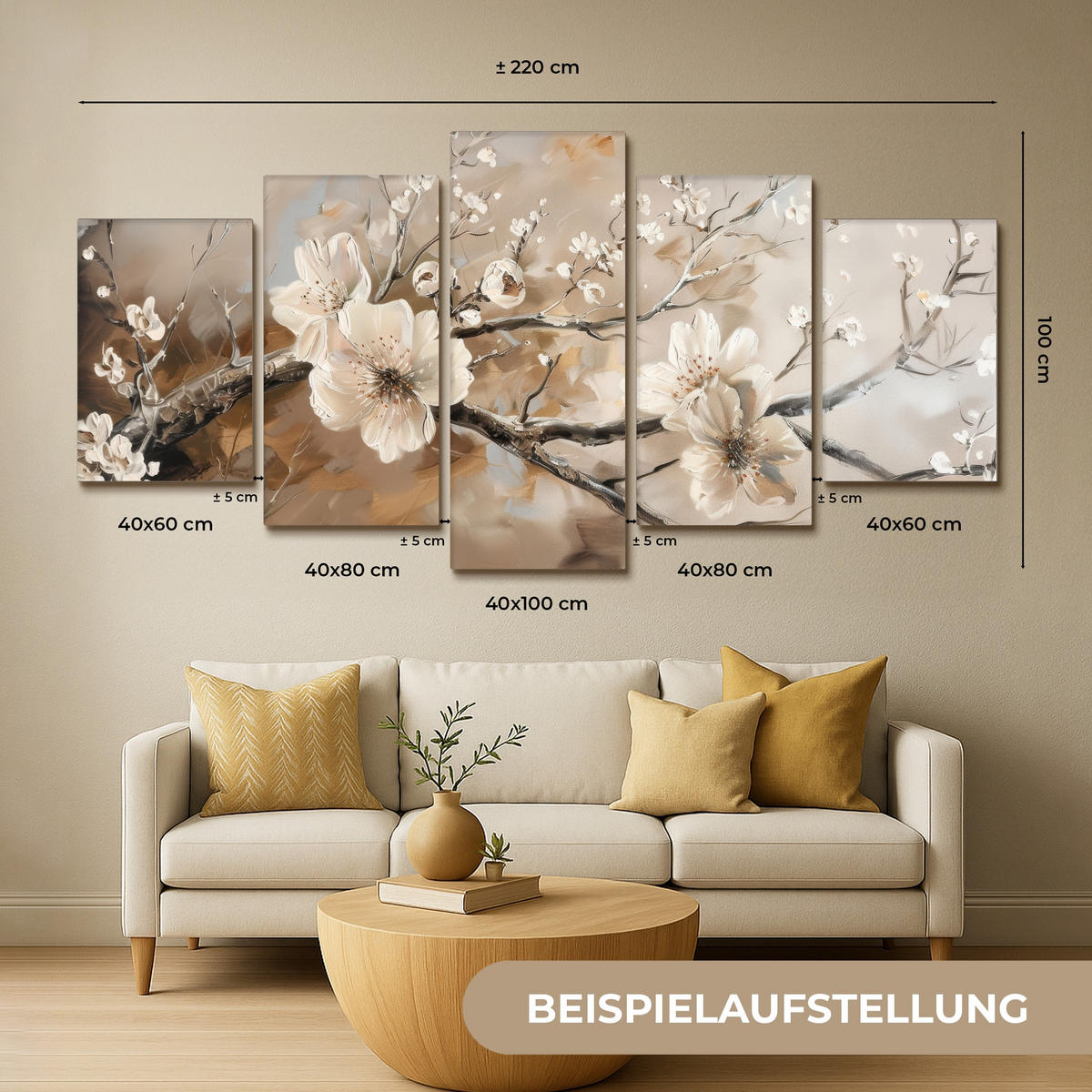 LEINWANDBILD 5er Set Blüte - Beige - Abstrakt - Blumen 200x100 cm - Hellbraun, Textil (200/100cm) - MuchoWow