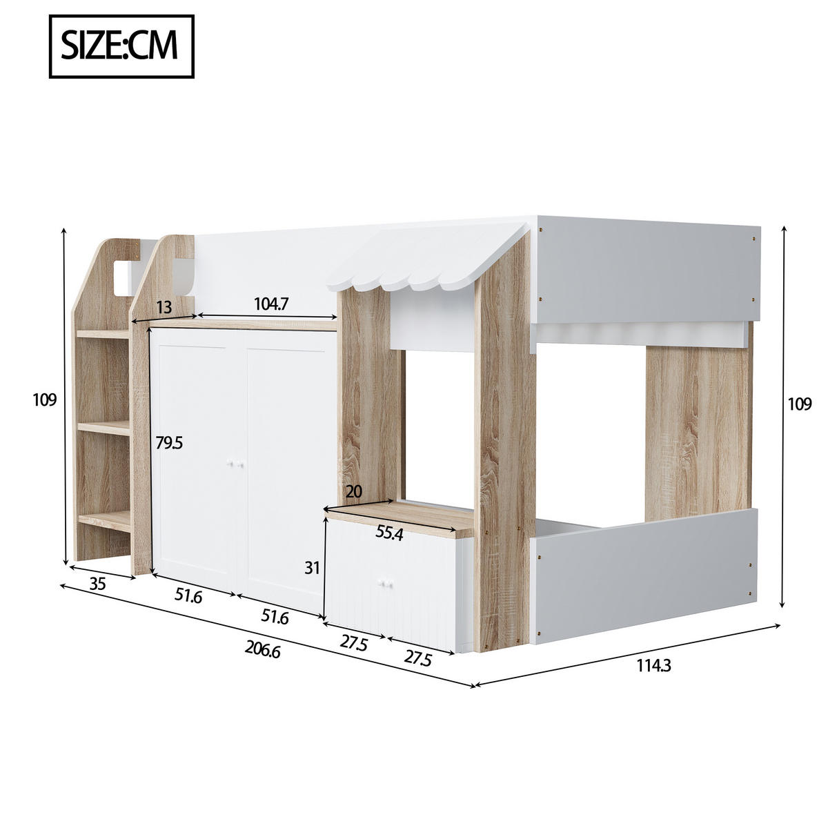 HOCHBETT 90/200 cm Weiß Massivholz mit offenem Stauraum und Kletterleiter - Weiß, Holzwerkstoff (90/200cm) - OKWISH
